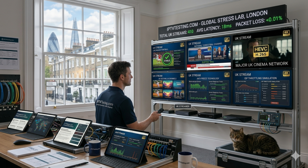IPTV Subscription UK A man in an office monitors global video streams on large wall screens, utilizing his IPTV Subscription UK, with laptops on a desk, network cables, and a cat sitting nearby. The London cityscape is visible through the window.