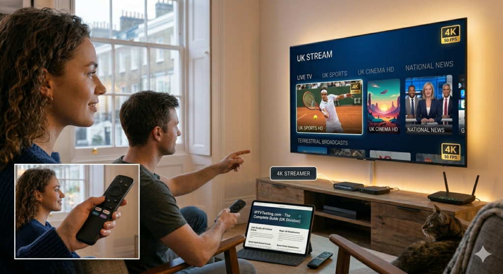 A man and woman sit on a couch watching TV and using a streaming device with their IPTV Subscription. A cat sits beside them. Inset shows a close-up of the woman holding a remote. The TV displays multiple 4K streaming options, highlighting the variety available when you buy an IPTV Subscription USA