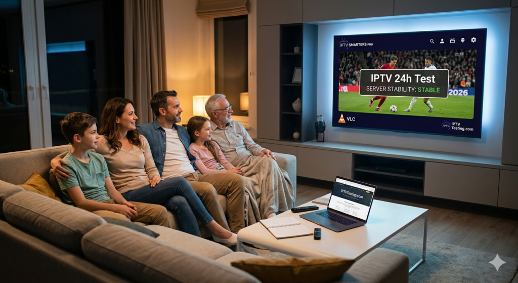 IPTV Subscription for Firestick A family of five sits on a couch watching IPTV on a large TV in a cozy living room, enjoying their premium IPTV subscription together. A laptop displaying the same IPTV service rests on the coffee table in front of them.