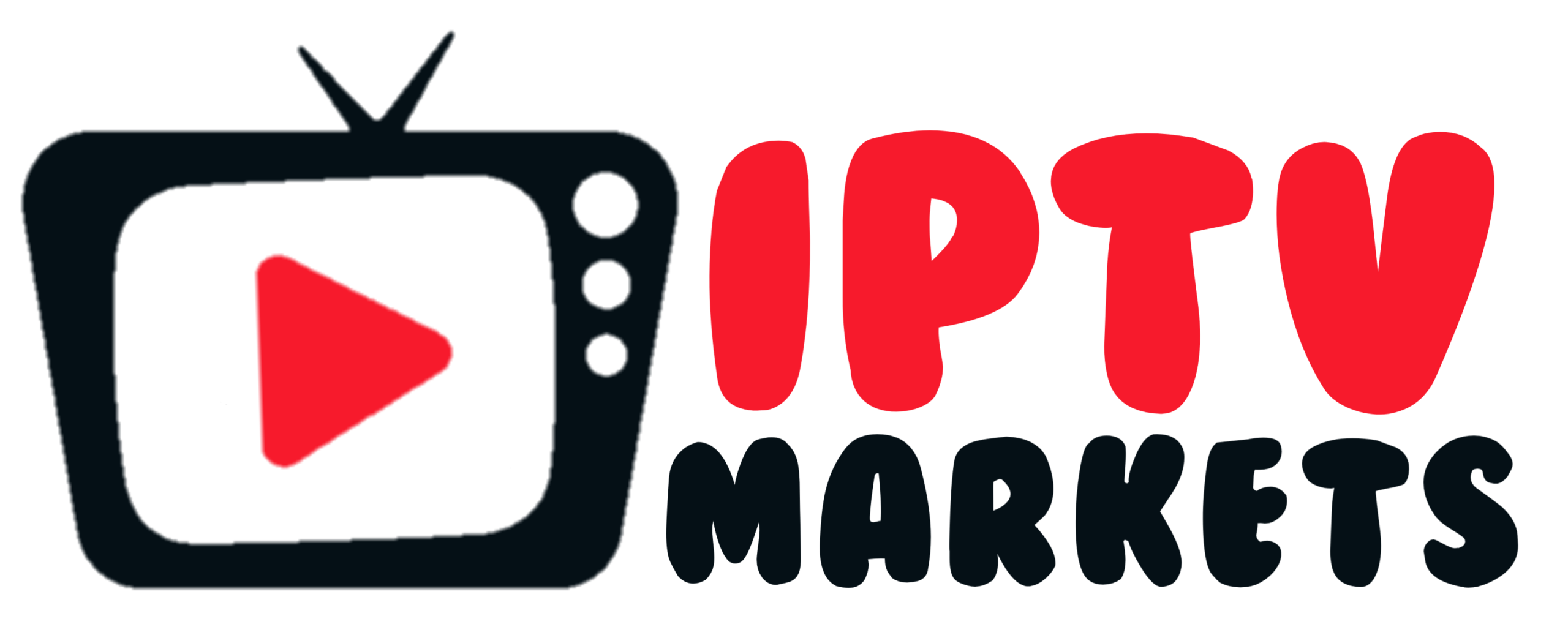 Logo with a red TV icon and play button on the left. To the right, IPTV is written in large white letters, and MARKETS is in bold red text below. The background is light gray.