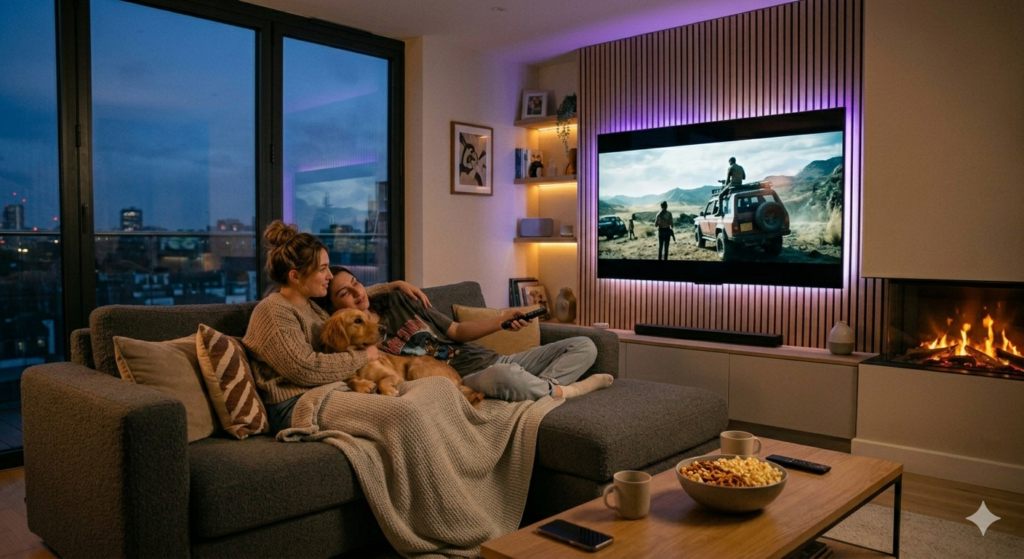 About us a couple relaxes on a sofa with their dog, watching TV in a cozy living room that feels just like home—an ideal scene to share in our About Us story. A fireplace is lit; snacks and drinks sit invitingly on the table, while city buildings glow through large windows at dusk.