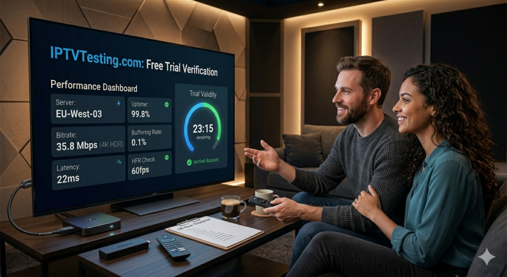 IPTV Subscription for Smart TV A man and woman sit on a couch, smiling and pointing at a TV displaying an IPTV.markets testing dashboard with stats and a countdown timer in a modern living room. A notepad, remote, and device rest on the table.